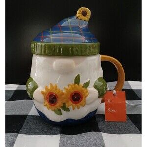NEW Hand Painted Ceramic Sunflower Gnome Mug & Lid Micro & Dishwash Safe Gift
